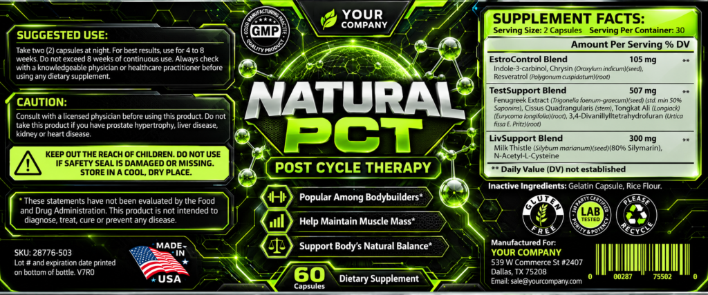 Natural PCT Supplement Label – Futuristic & Neon Design
