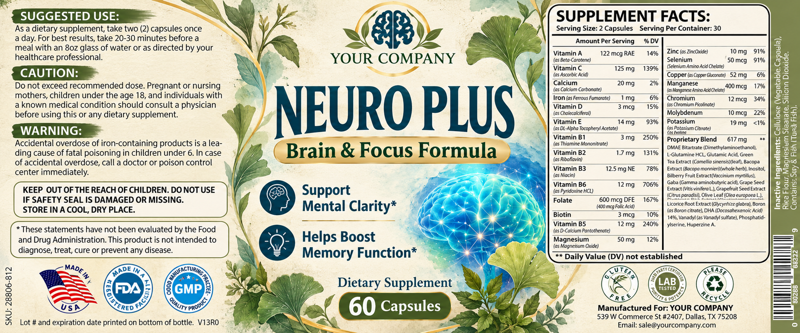 Neuro Plus Supplement Label – Botanical & Natural Design