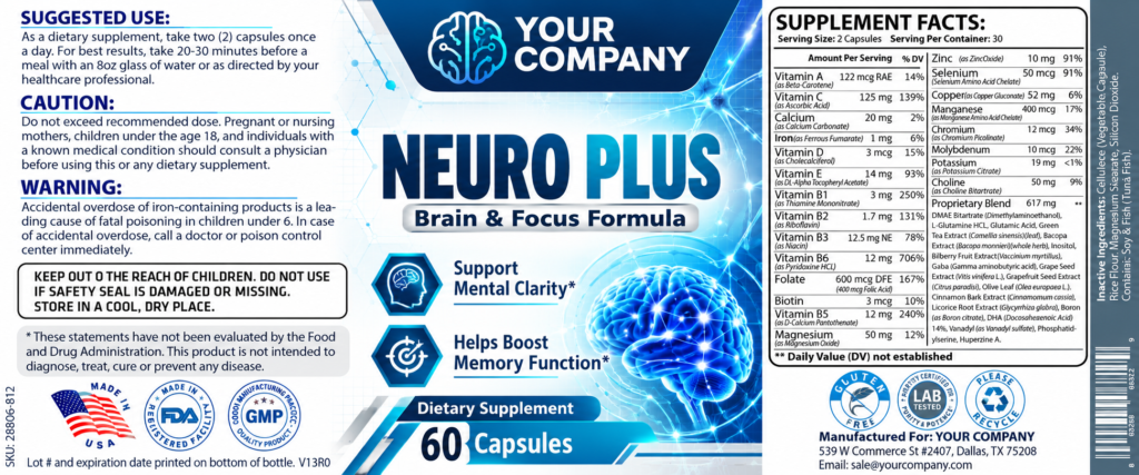 Neuro Plus Supplement Label – Classic & Elegant Design