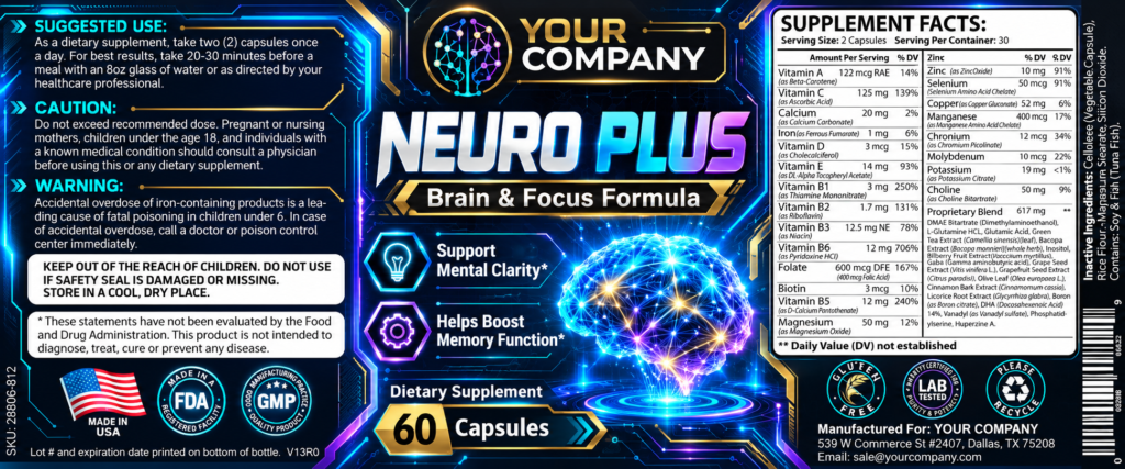Neuro Plus Supplement Label – Futuristic & Neon Design