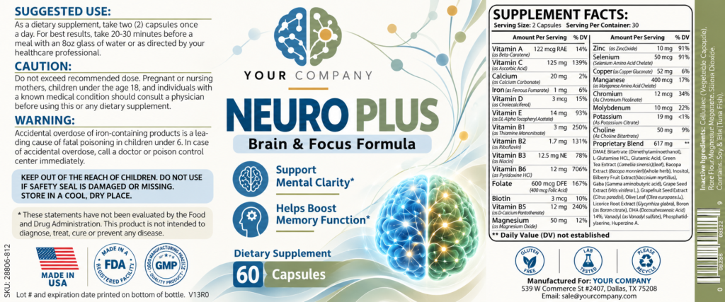 Neuro Plus Supplement Label – Modern & Clean Design