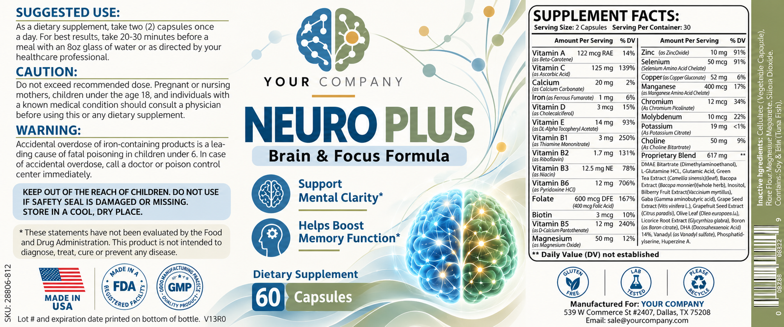 Neuro Plus Supplement Label – Modern & Clean Design