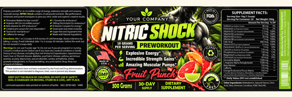 Nitric Shock Fruit Punch Supplement Label – Botanical & Natural Design