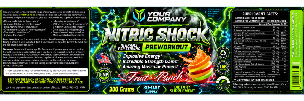 Nitric Shock Fruit Punch Supplement Label – Futuristic & Neon Design