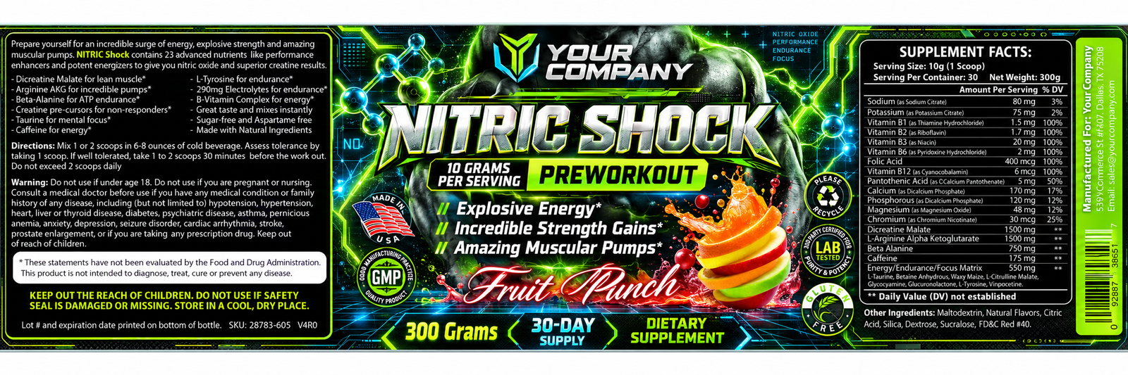 Nitric Shock Fruit Punch Supplement Label – Futuristic & Neon Design