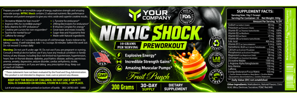 Nitric Shock Fruit Punch Supplement Label – Modern & Clean Design