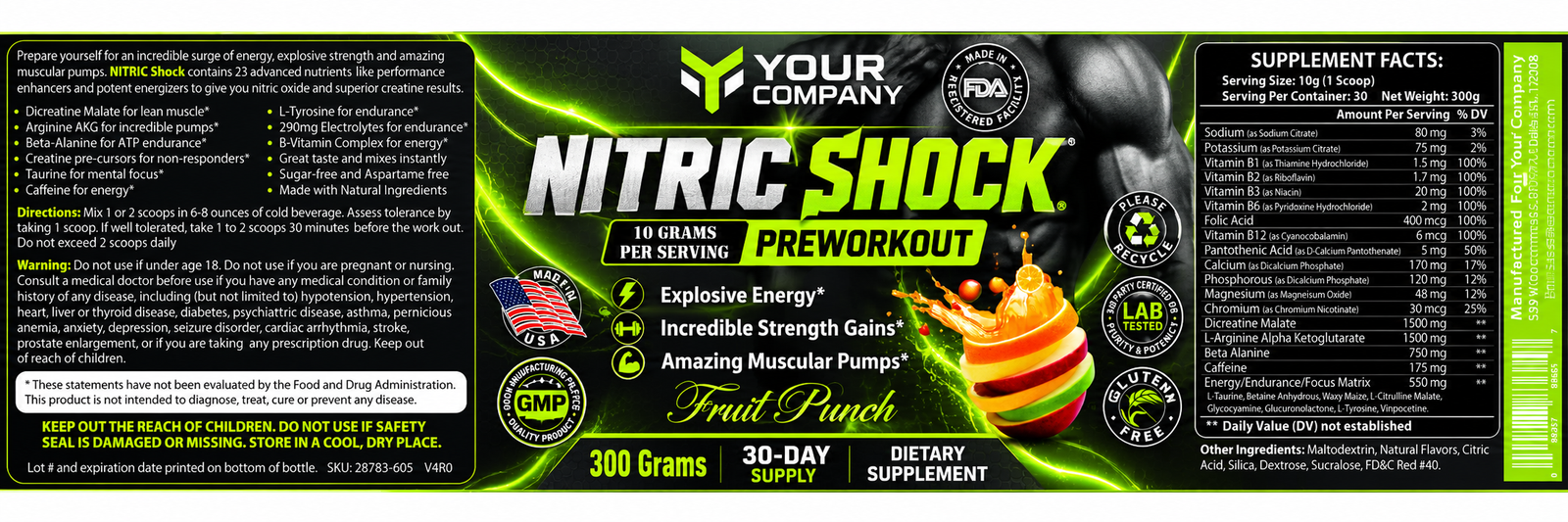 Nitric Shock Fruit Punch Supplement Label – Modern & Clean Design