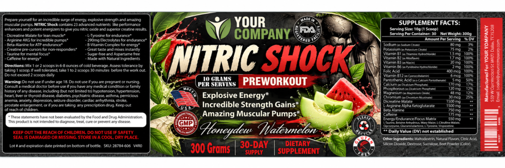 Nitric Shock Honeydew Watermelon Supplement Label – Botanical & Natural Design