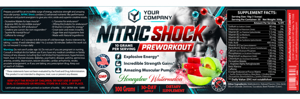 Nitric Shock Honeydew Watermelon Supplement Label – Classic & Elegant Design