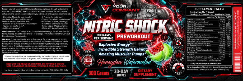 Nitric Shock Honeydew Watermelon Supplement Label – Futuristic & Neon Design
