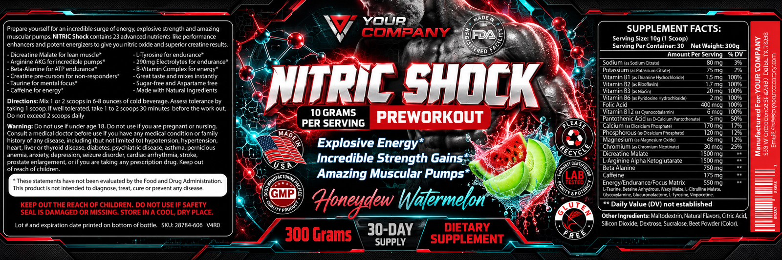 Nitric Shock Honeydew Watermelon Supplement Label – Futuristic & Neon Design