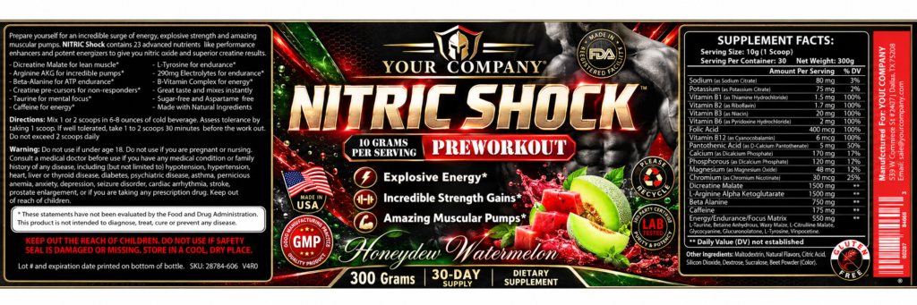 Nitric Shock Honeydew Watermelon Supplement Label – Luxury & Premium Design