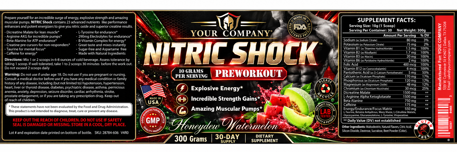 Nitric Shock Honeydew Watermelon Supplement Label – Luxury & Premium Design