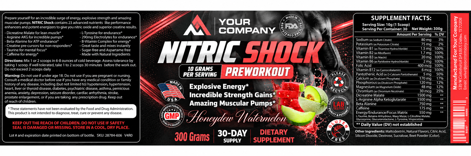 Nitric Shock Honeydew Watermelon Supplement Label – Modern & Clean Design