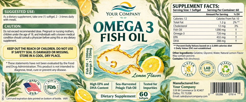 Omega 3 Fish Oil Supplement Label – Botanical & Natural Design