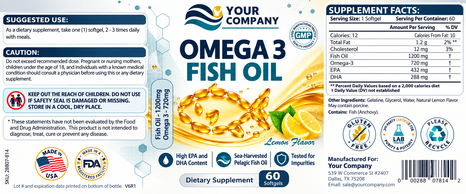 Omega 3 Fish Oil Supplement Label – Classic & Elegant Design