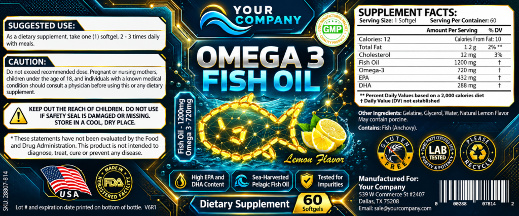Omega 3 Fish Oil Supplement Label – Futuristic & Neon Design