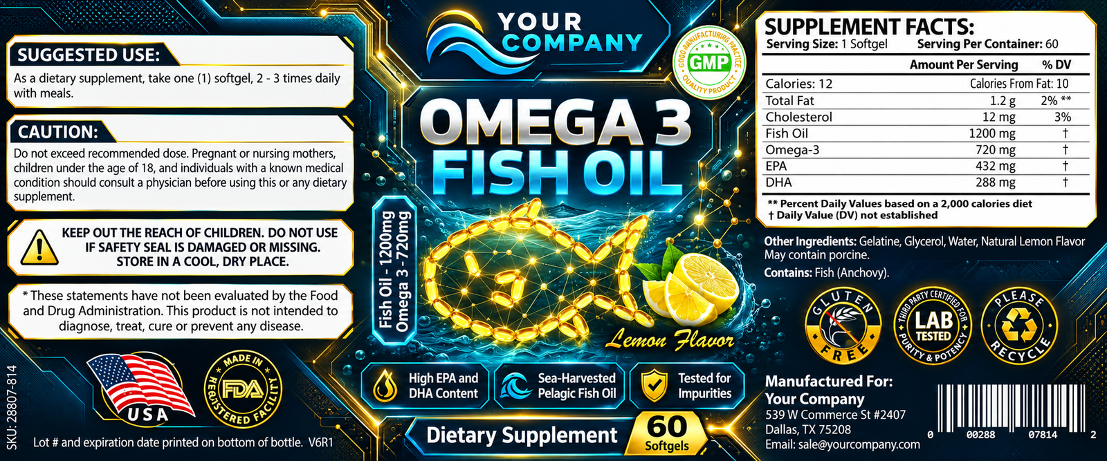 Omega 3 Fish Oil Supplement Label – Futuristic & Neon Design