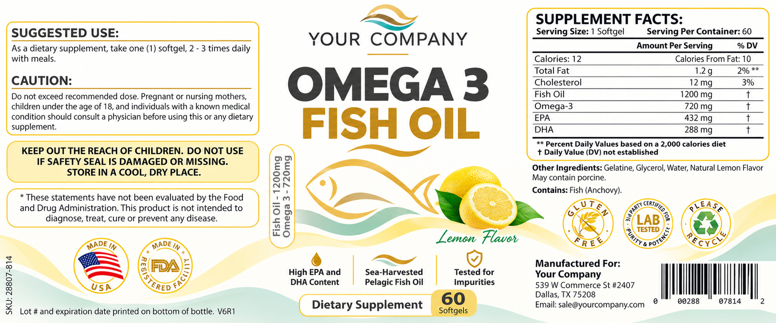 Omega 3 Fish Oil Supplement Label – Modern & Clean Design