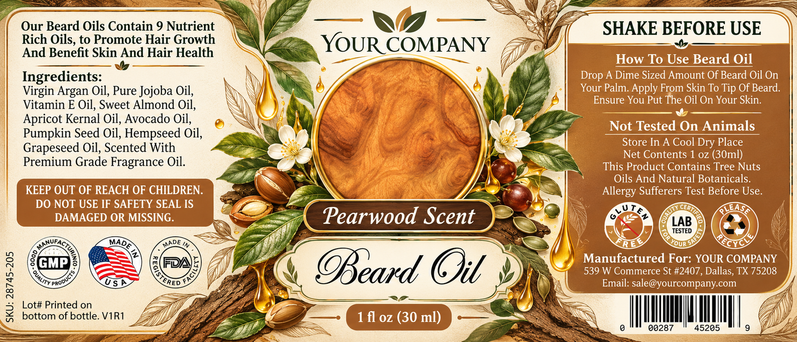 Pearwood Beard Oil Label – Botanical & Natural Design