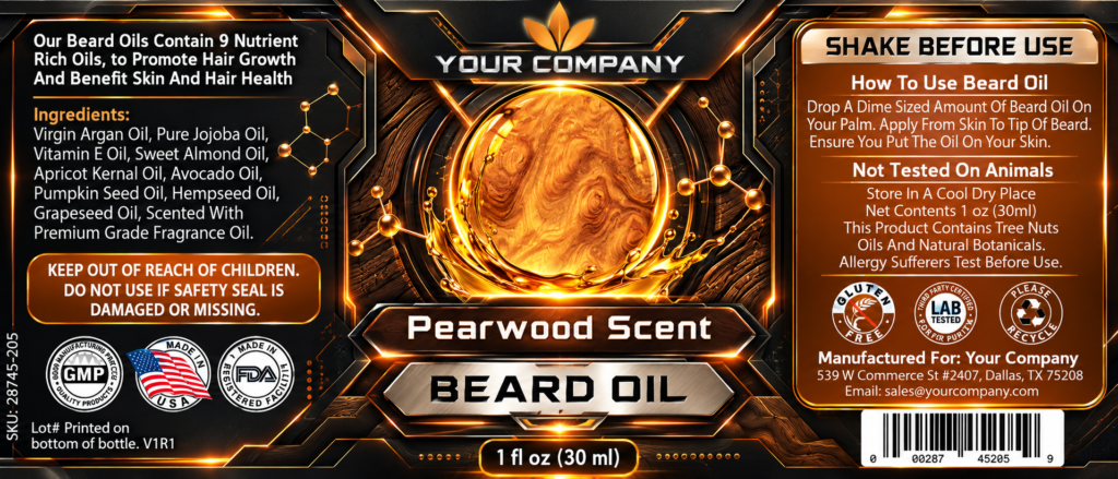 Pearwood Beard Oil Label – Futuristic & Neon Design