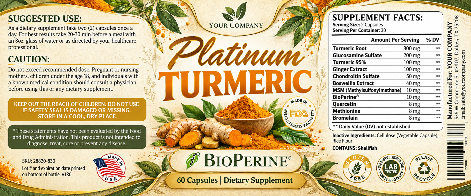 Platinum Turmeric Supplement Label – Botanical & Natural Design