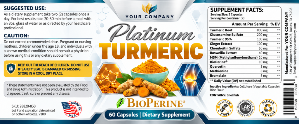 Platinum Turmeric Supplement Label – Classic & Elegant Design