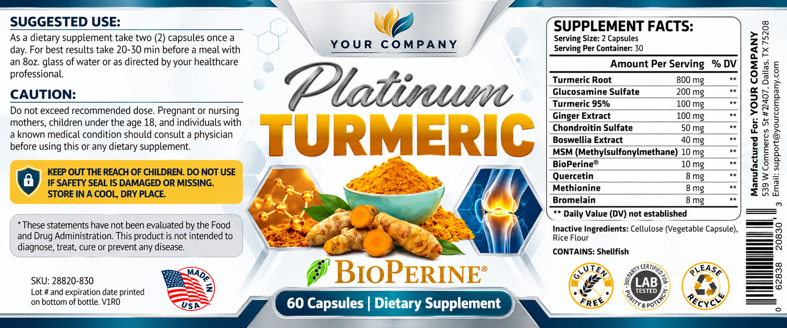 Platinum Turmeric Supplement Label – Classic & Elegant Design