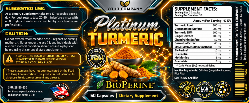 Platinum Turmeric Supplement Label – Futuristic & Neon Design