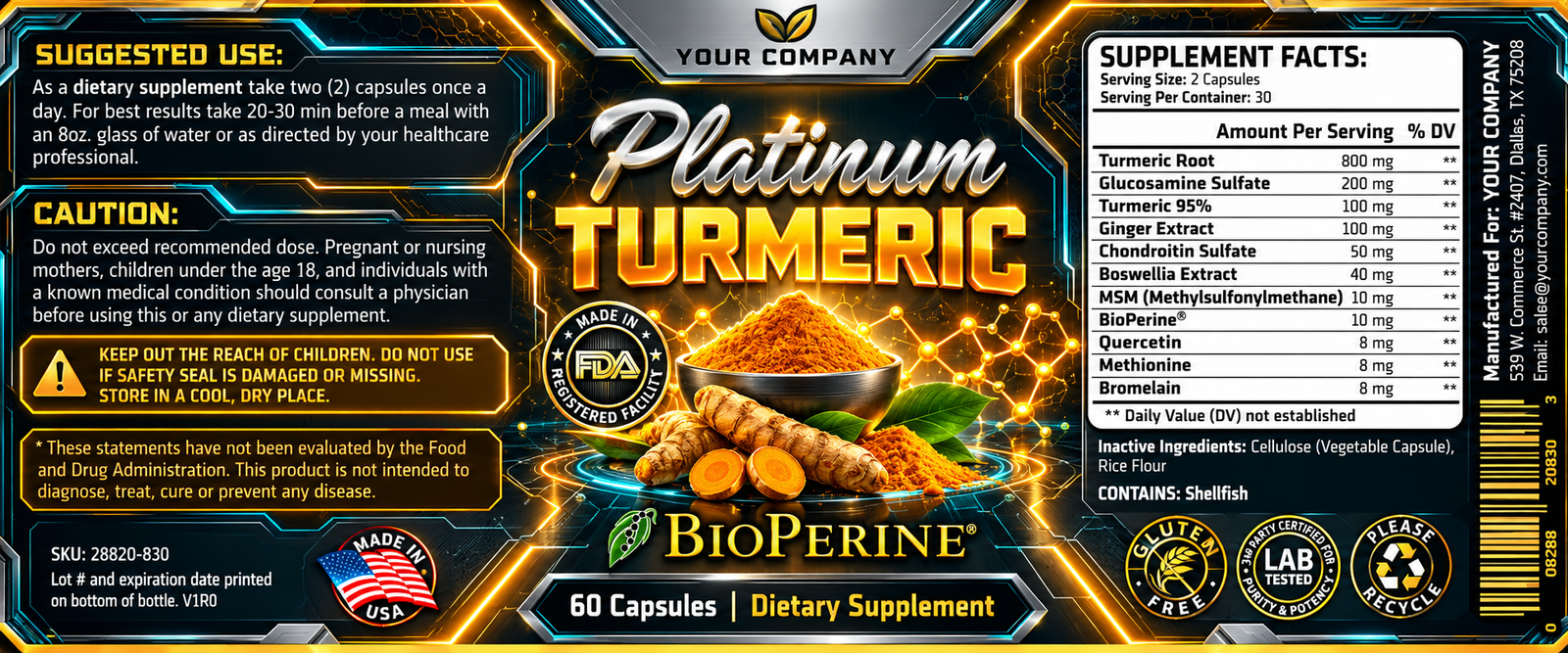 Platinum Turmeric Supplement Label – Futuristic & Neon Design