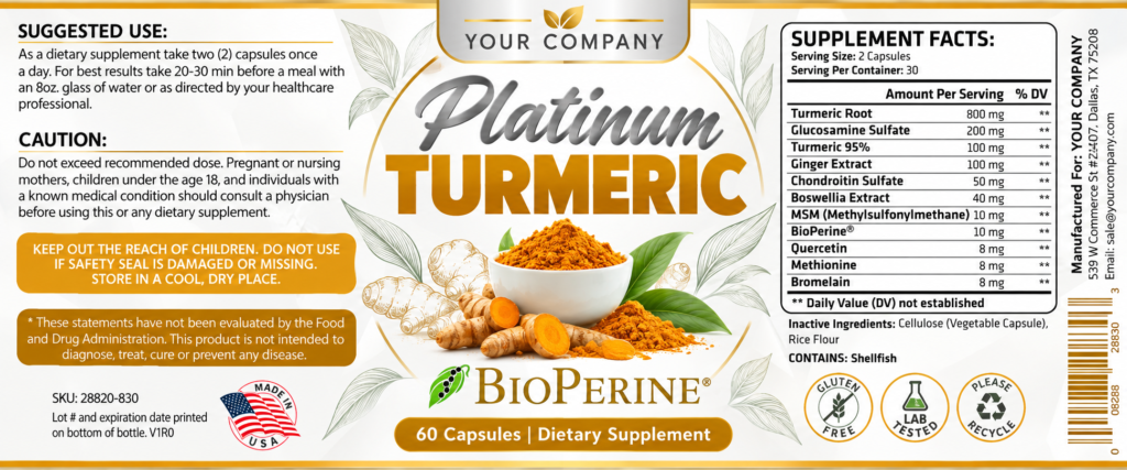 Platinum Turmeric Supplement Label – Modern & Clean Design