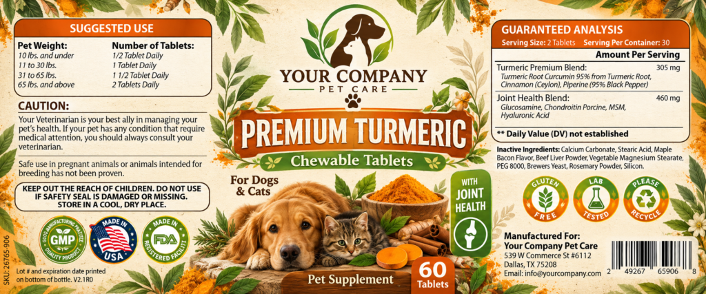 Premium Turmeric & Joint Health for Pets Supplement Label – Botanical & Natural Design
