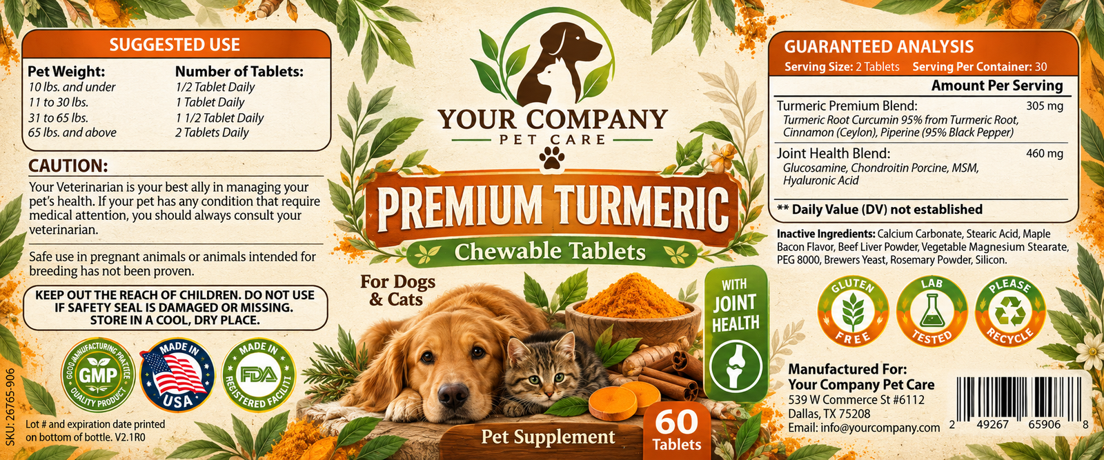 Joint Formula with Turmeric for Pets Supplement Label – Botanical & Natural Design