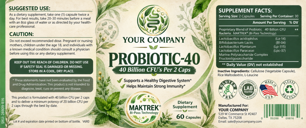 Probiotic 40 Billion CFU Supplement Label – Botanical & Natural Design