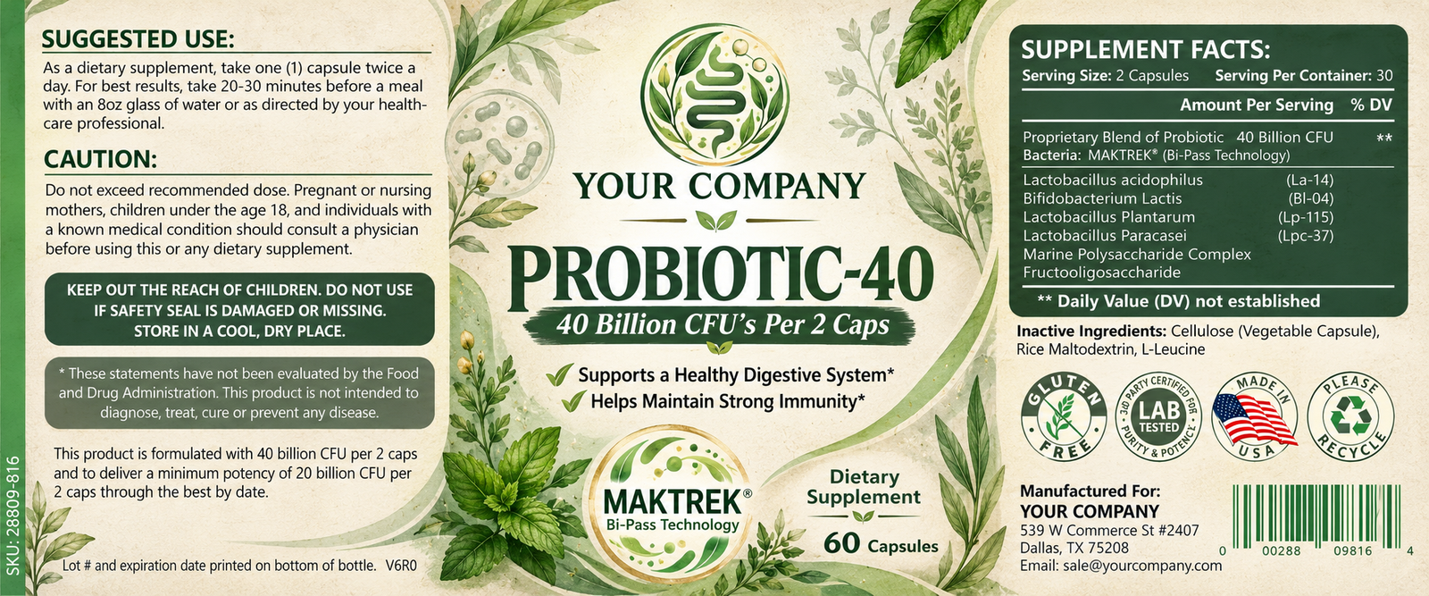 Probiotic 40 Billion CFU Supplement Label – Botanical & Natural Design