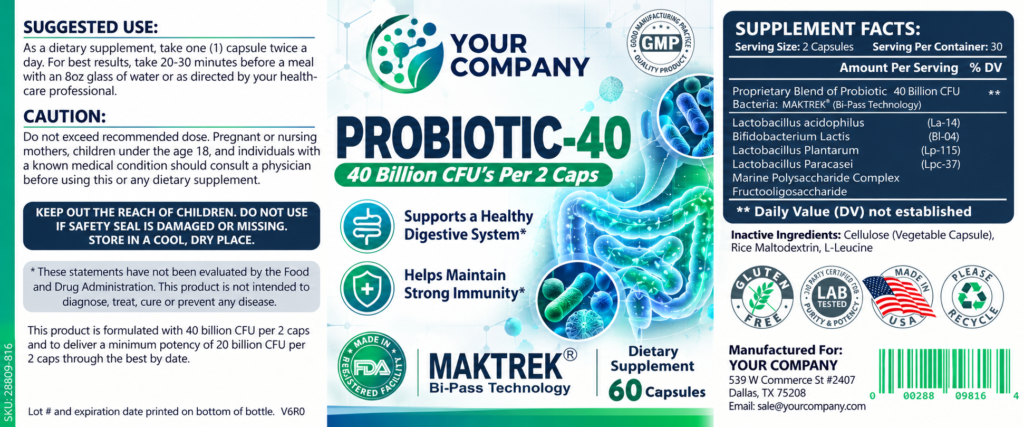 Probiotic 40 Billion CFU Supplement Label – Classic & Elegant Design