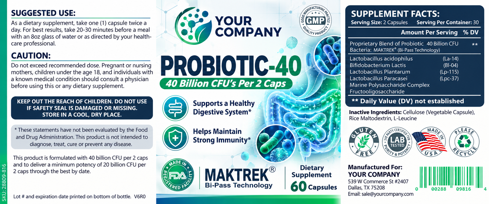 Probiotic 40 Billion CFU Supplement Label – Classic & Elegant Design