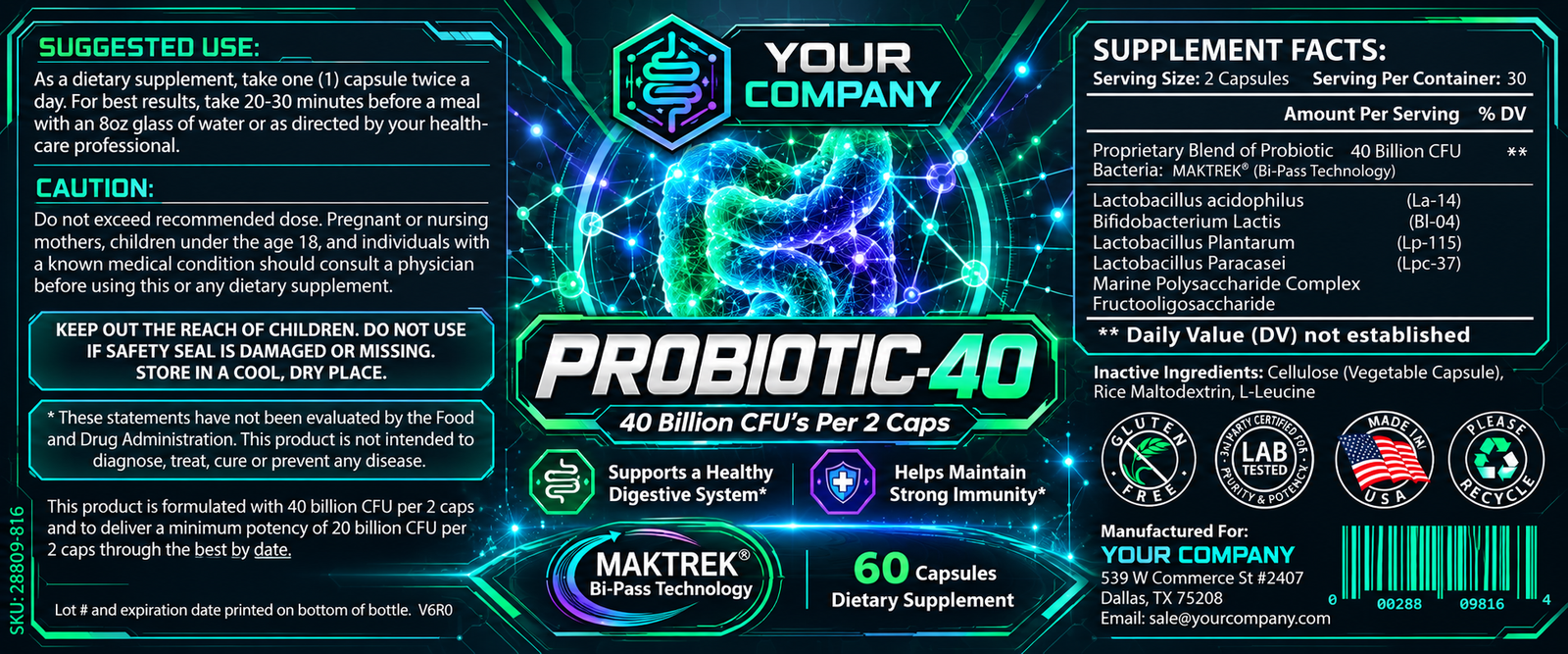 Probiotic 40 Billion CFU Supplement Label – Futuristic & Neon Design