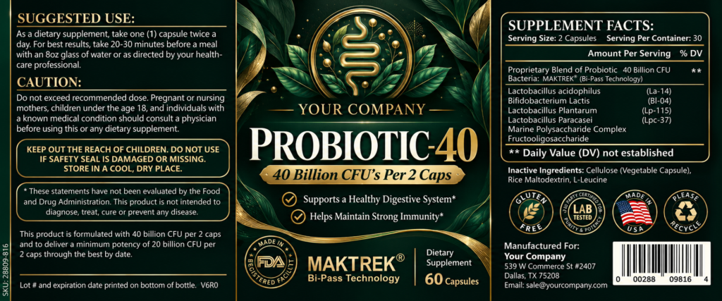 Probiotic 40 Billion CFU Supplement Label – Luxury & Premium Design