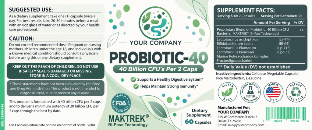 Probiotic 40 Billion CFU Supplement Label – Modern & Clean Design