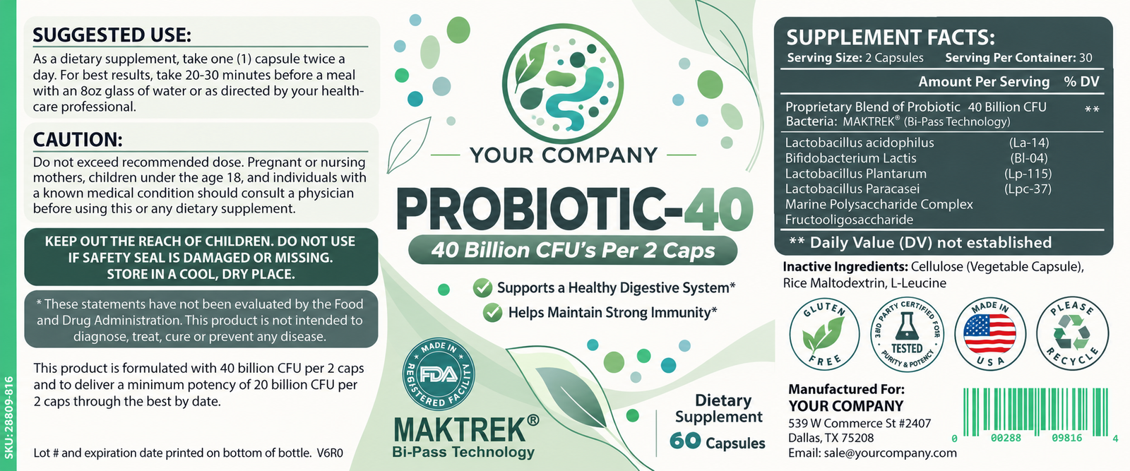 Probiotic 40 Billion CFU Supplement Label – Modern & Clean Design