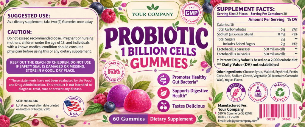 Probiotic Gummies Supplement Label – Botanical & Natural Design