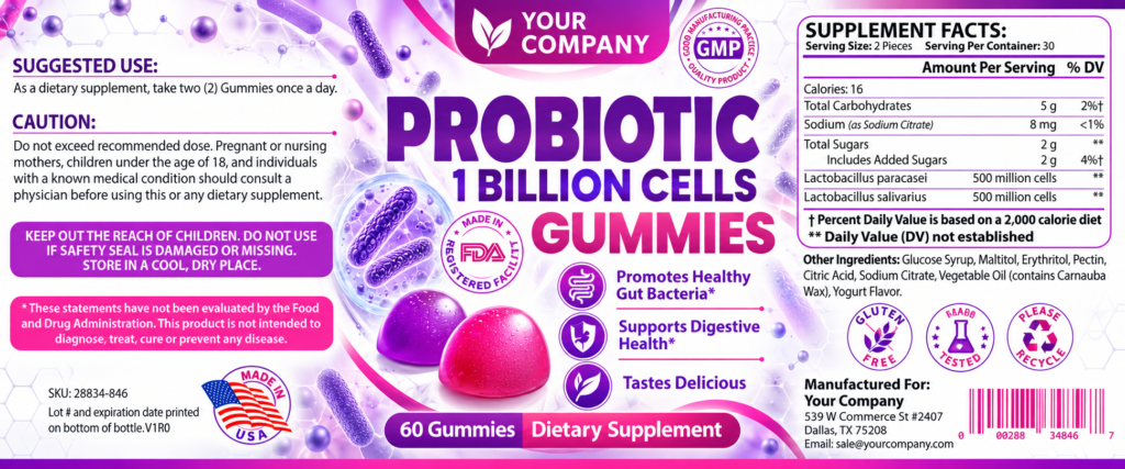 Probiotic Gummies Supplement Label – Classic & Elegant Design
