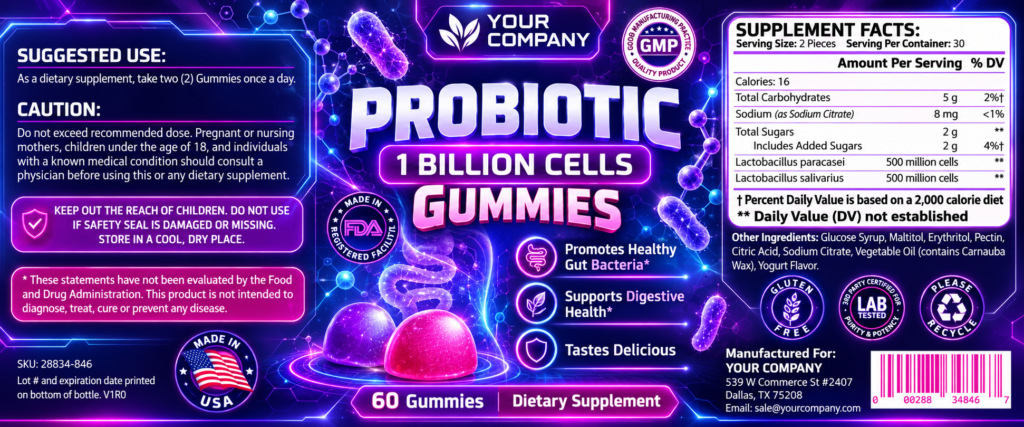 Probiotic Gummies Supplement Label – Futuristic & Neon Design