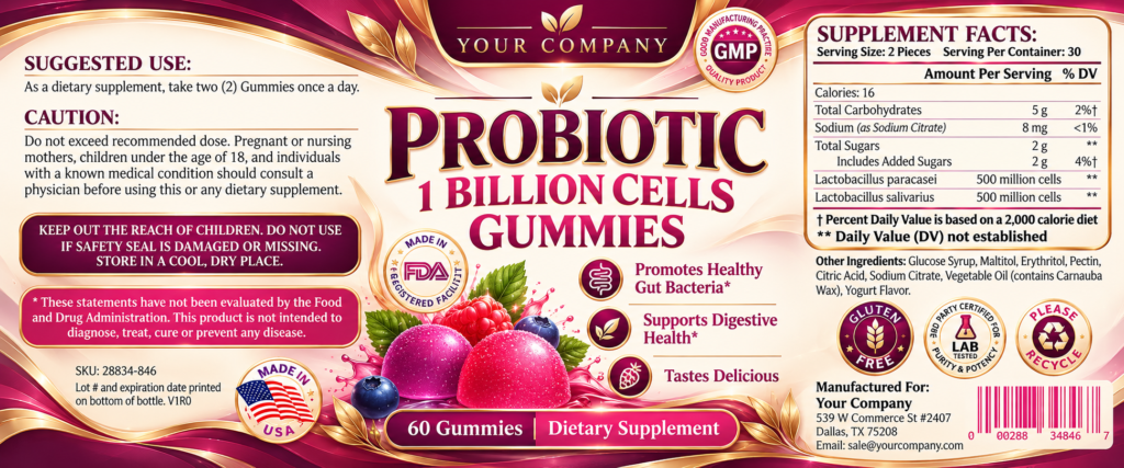 Probiotic Gummies Supplement Label – Luxury & Premium Design