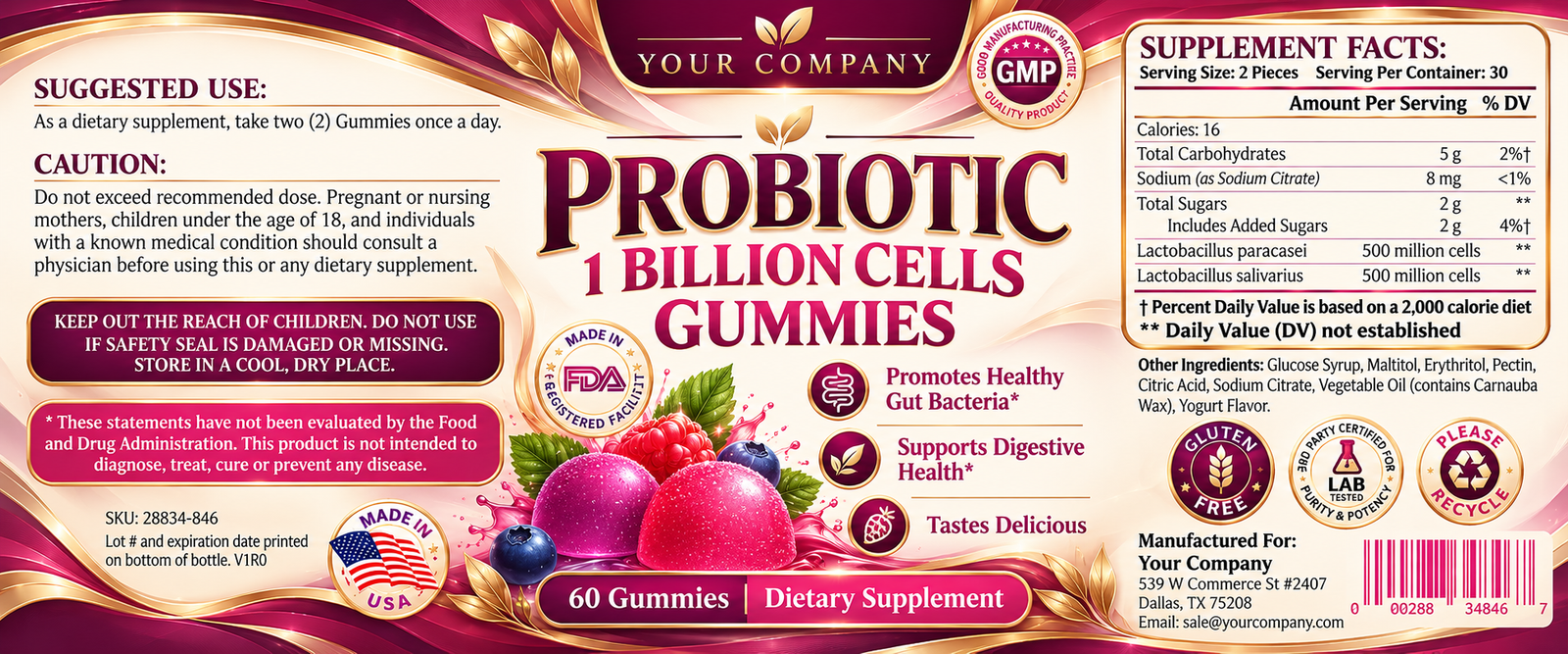 Probiotic Gummies Supplement Label – Luxury & Premium Design
