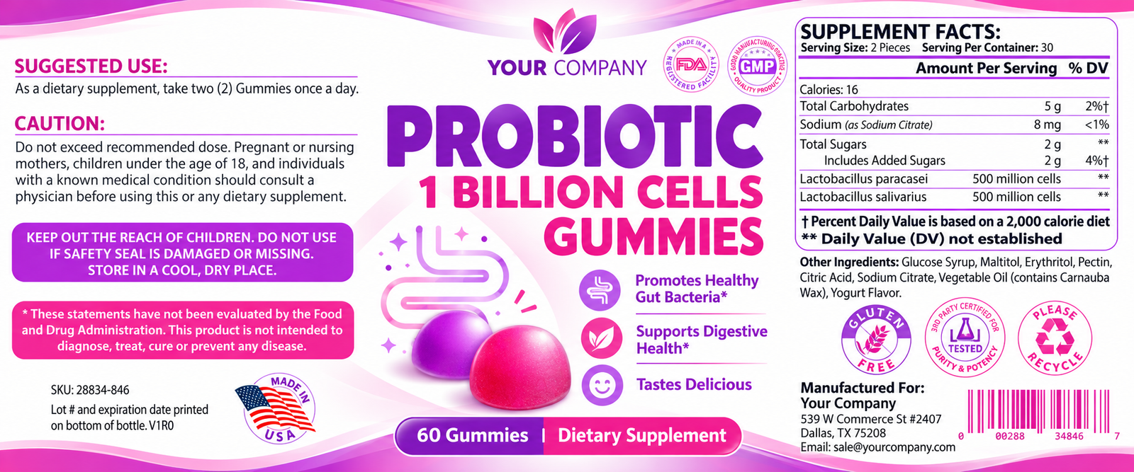 Probiotic Gummies Supplement Label – Modern & Clean Design
