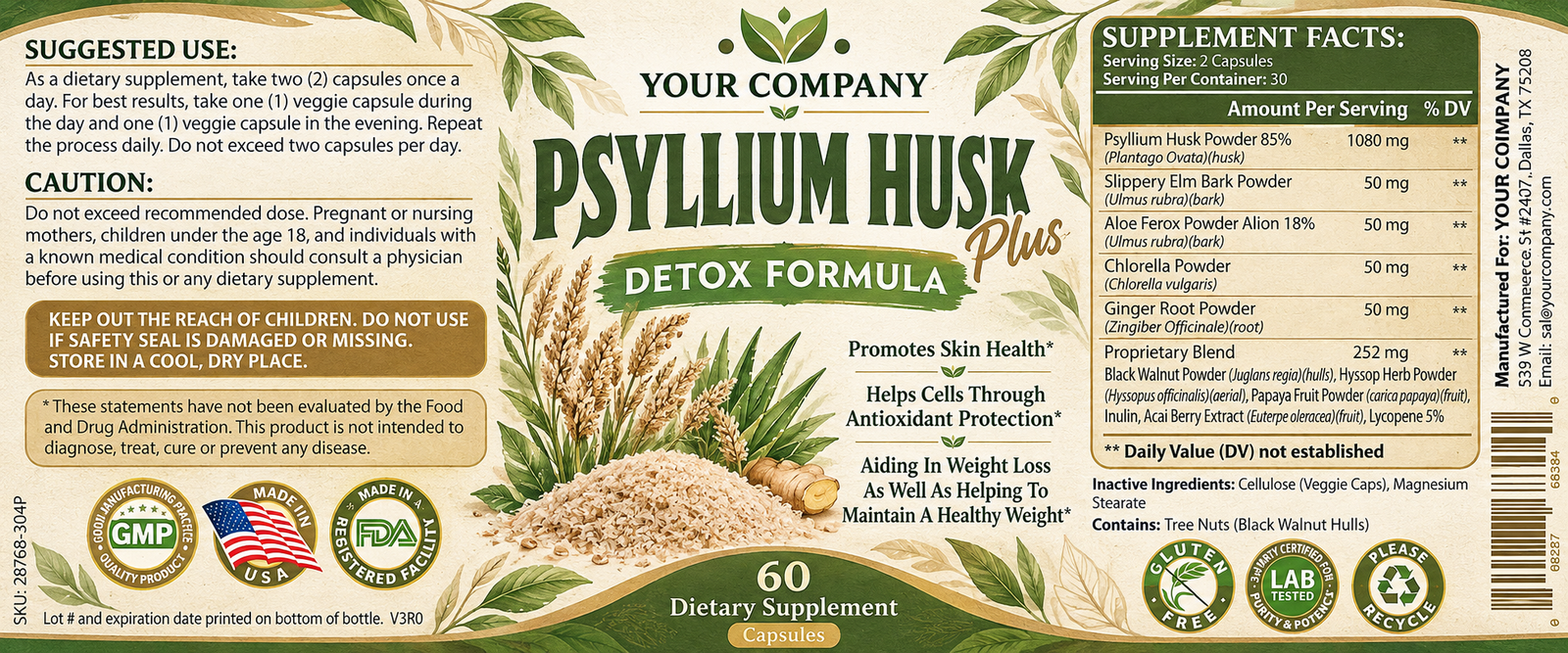Psyllium Husk Plus Supplement Label – Botanical & Natural Design