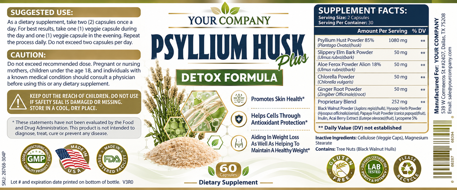 Psyllium Husk Plus Supplement Label – Classic & Elegant Design