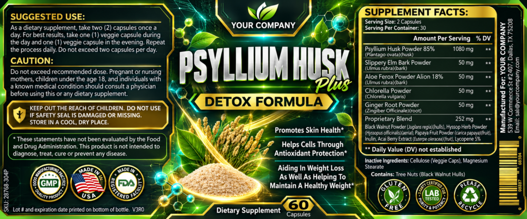Psyllium Husk Plus Supplement Label – Futuristic & Neon Design